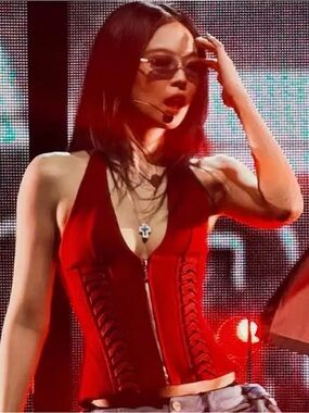 Sleeveless Corset Vest Top, V Neck Front Zip Halter Top Red sz L
